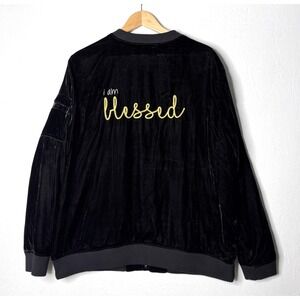 Peace Love World Black Velvet Bomber Jacket Sz XL Blessed Grateful Affirmation
